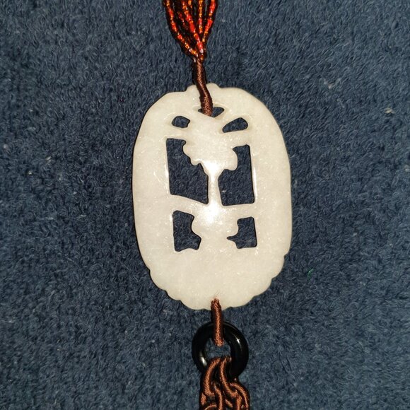 Vintage Hand-Carved Natural White Jade Ping An Pendant Necklace with Black Beads - Picture 9 of 13